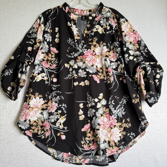 Shein Curve Blouse Womens 0XL Floral 3/4 Sleeve Tunic Top Plus Size Pullover - Picture 1 of 9